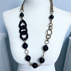 Vintage gold tone chain and black beaded long chunky necklace